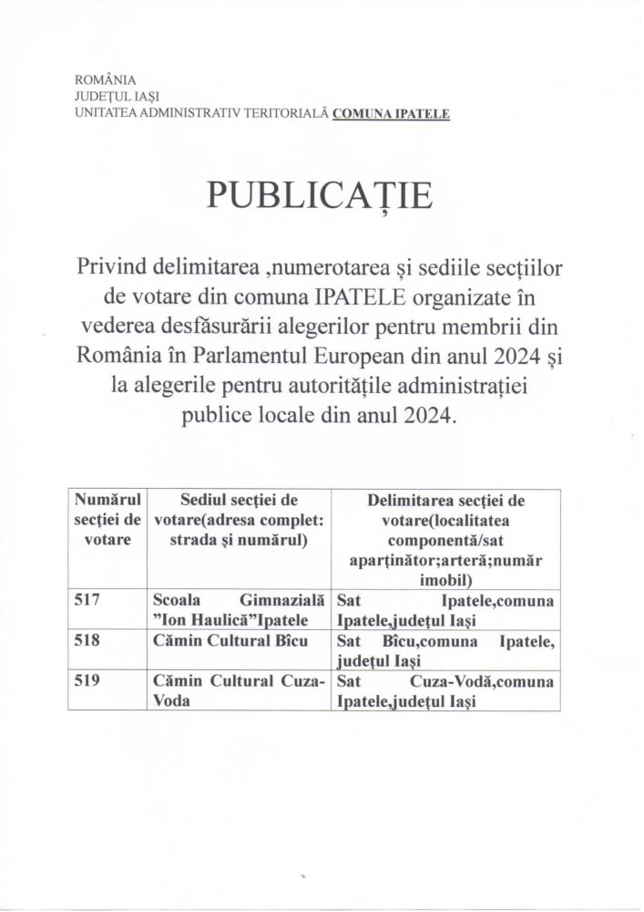 Delimitarea, numerotarea și sediile secțiilor de votare din comuna Ipatele alegeri 2024