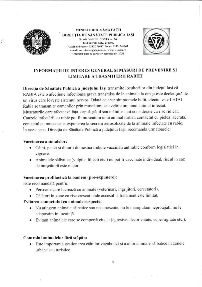 Informații de interes general și măsuri de prevenire și limitare a transmiterii rabiei