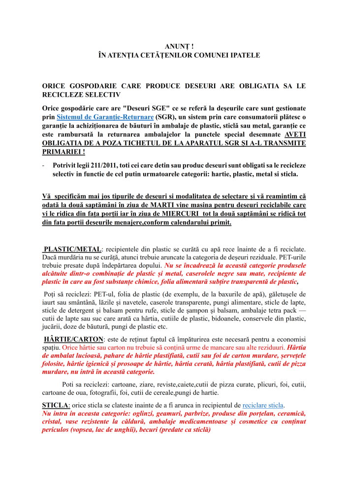 Anunț privind obligativitatea colectării selective
