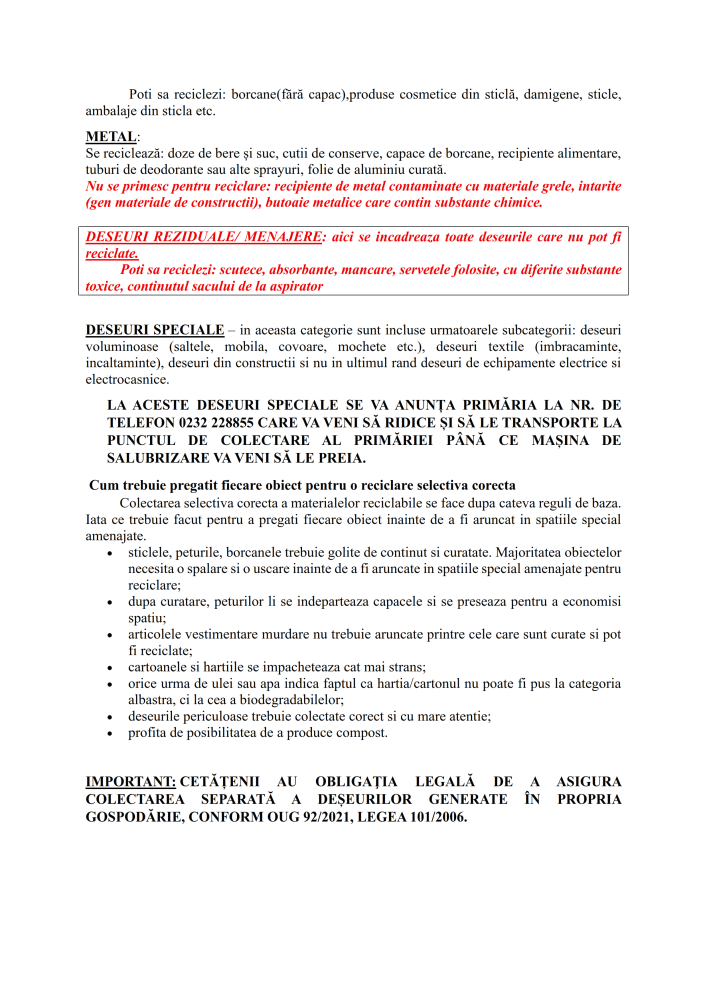 Anunț privind obligativitatea colectării selective