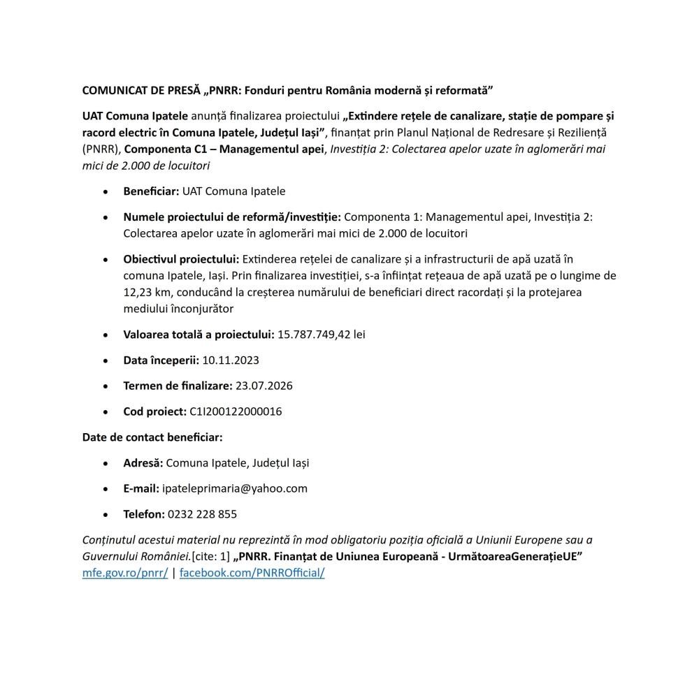 Extinderea rețelei de canalizare și a infrastructurii de apă - data publicare: 28.07.2026