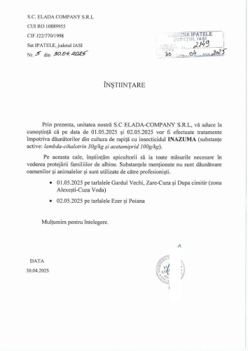 Înștiințare efectuare tratamente împotriva dăunătorilor din cultura de rapiță cu insecticidul INAZUMA pe data de 01.05.2025 și 02.05.2025
